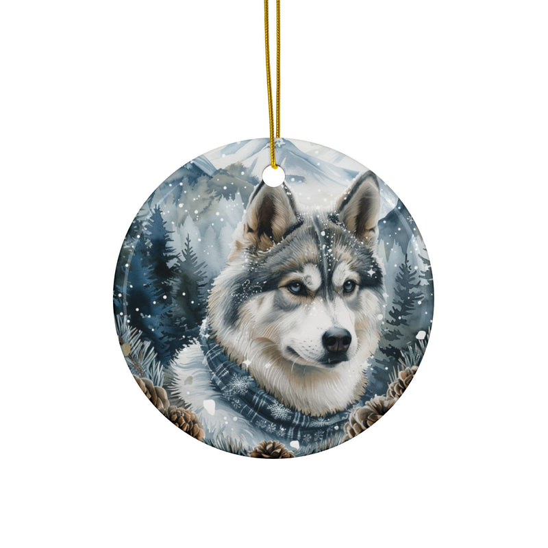 Siberian Husky Christmas Ornament – 3D Watercolor Holiday Design with Winter Sweater, Snowy Mountains, Pine Cones, and Evergreen Branches