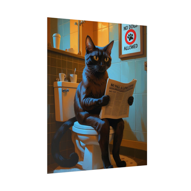 Funny Abyssinian Cat Bathroom Poster – Cat Sitting on Toilet Reading Newspaper | Humorous Cat Wall Art for Bathroom Decor