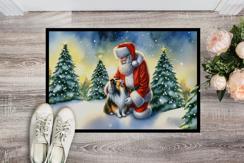 Christmas Doormat with Sheltie Dog & Santa Claus – Holiday Door Mat for Indoor or Outdoor Use