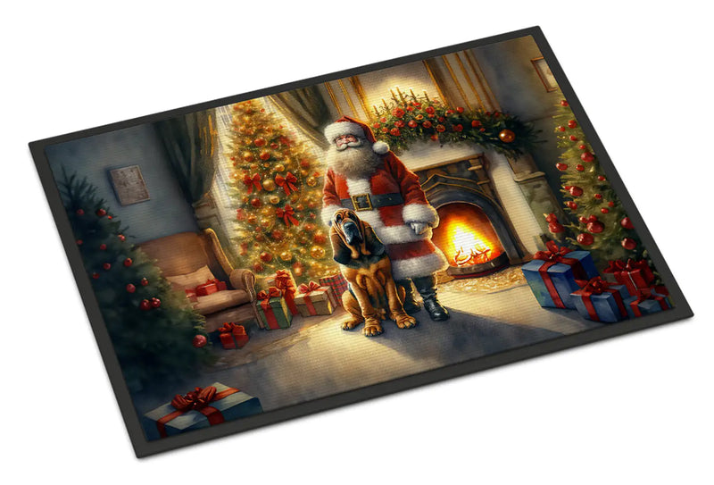 Christmas Doormat with Bloodhound Dog, Santa Claus, Christmas Tree & Fireplace – Holiday Door Mat for Indoor or Outdoor Use