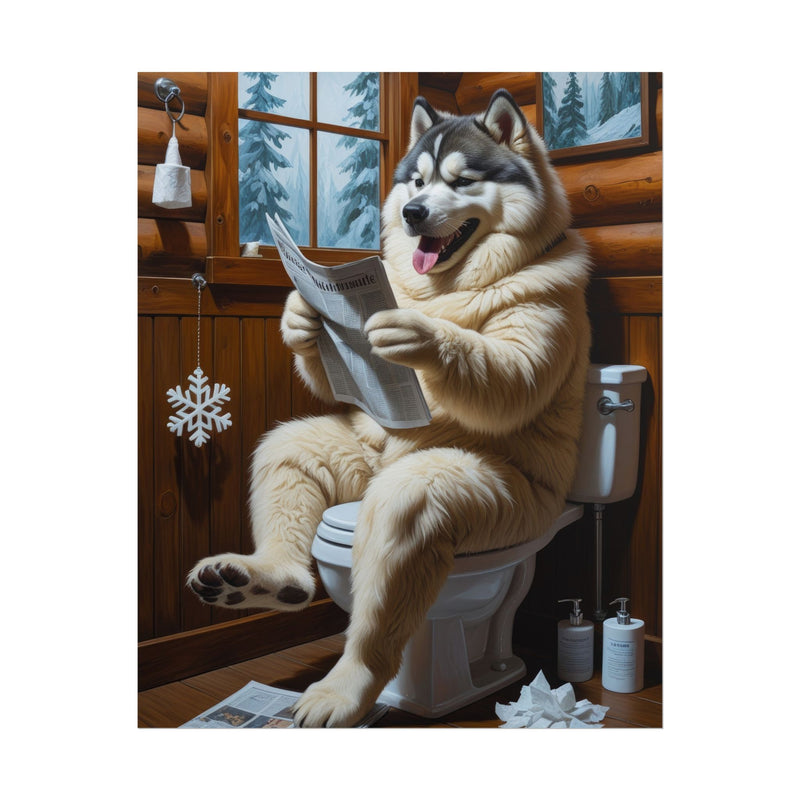 Funny Alaskan Malamute Bathroom Poster – Dog Sitting on Toilet Reading Newspaper | Humorous Dog Wall Art for Bathroom Decor