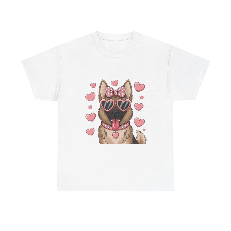 German Shepherd with Pink Hearts Valentine's Day Unisex Heavy Cotton Tee