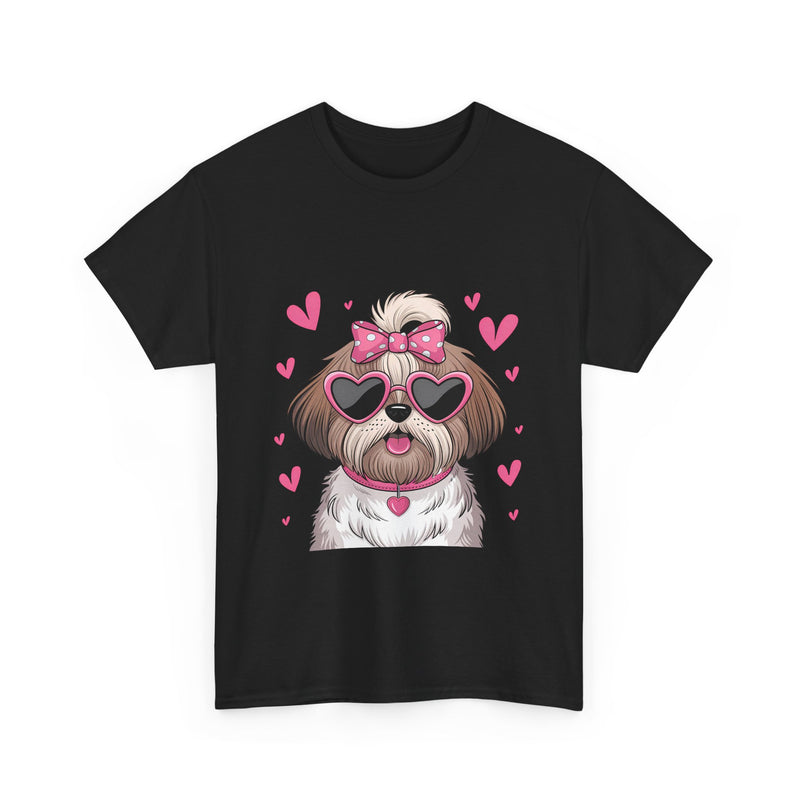 Shih Tzu with Pink Hearts Valentine's Day Unisex Heavy Cotton Tee