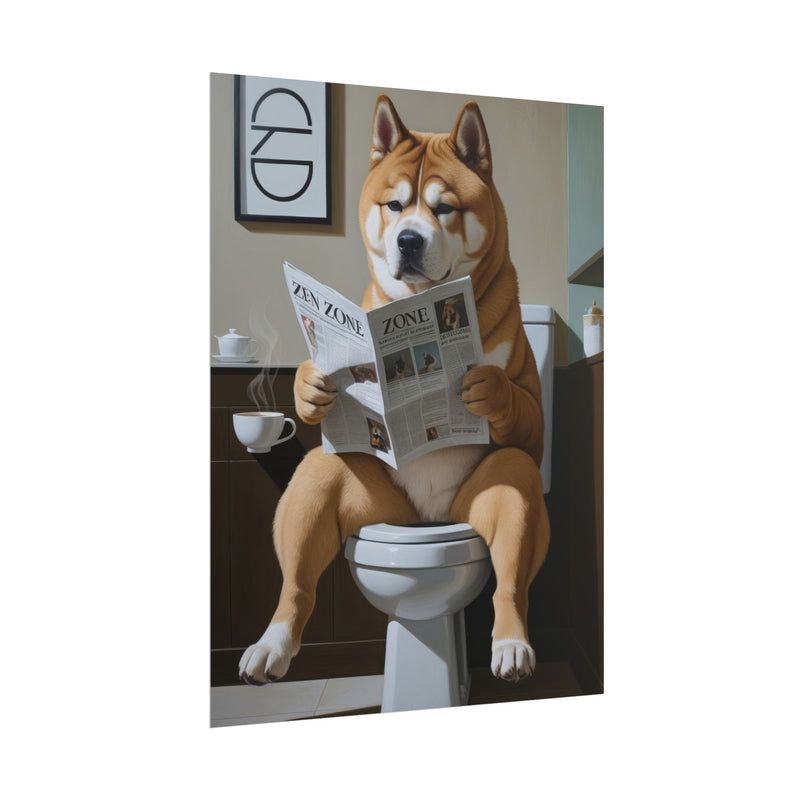 Funny Akita Bathroom Poster – Dog Sitting on Toilet Reading Newspaper | Humorous Dog Wall Art for Bathroom Decor