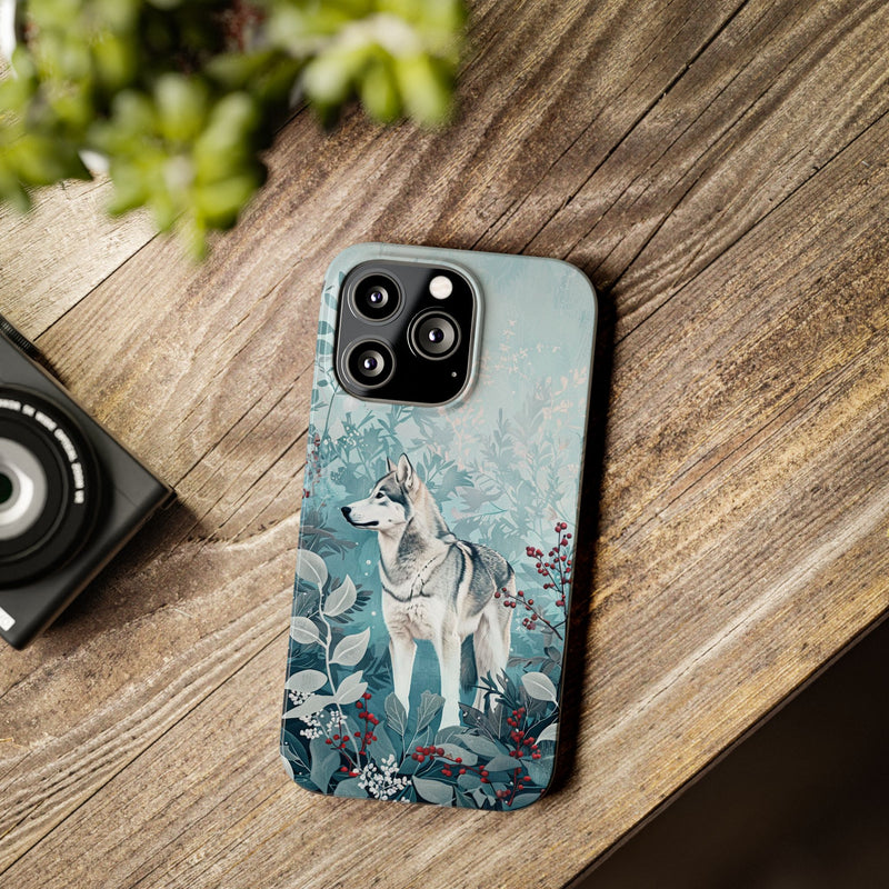 Siberian Husky with Flowers Slim iPhone Cases