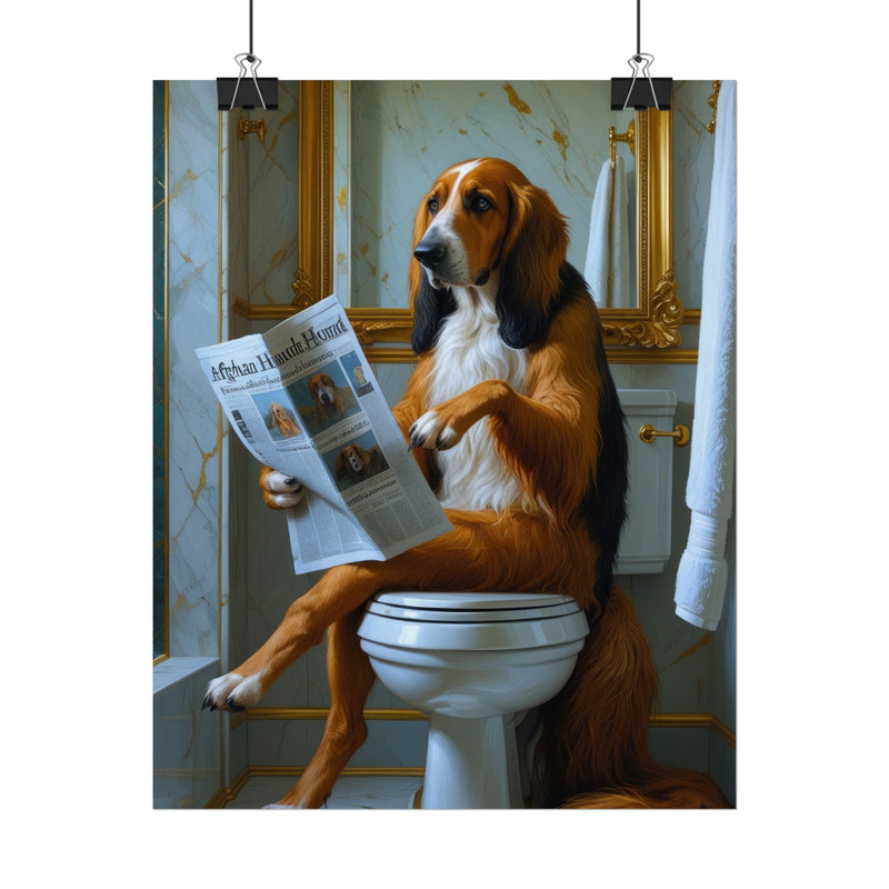 Funny Afghan Hound Bathroom Poster – Dog Sitting on Toilet Reading Newspaper | Humorous Dog Wall Art for Bathroom Decor