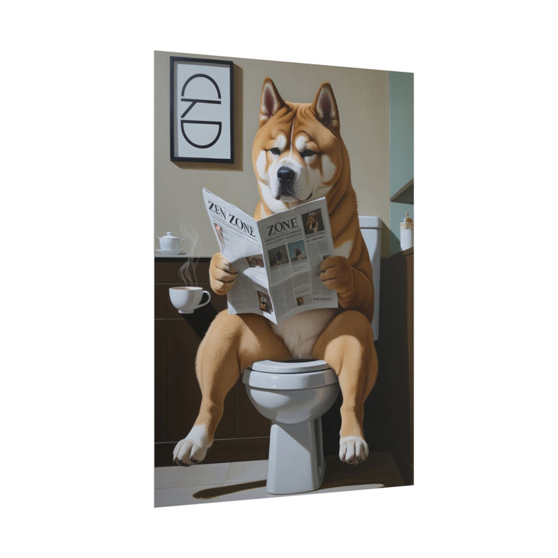 Funny Akita Bathroom Poster – Dog Sitting on Toilet Reading Newspaper | Humorous Dog Wall Art for Bathroom Decor