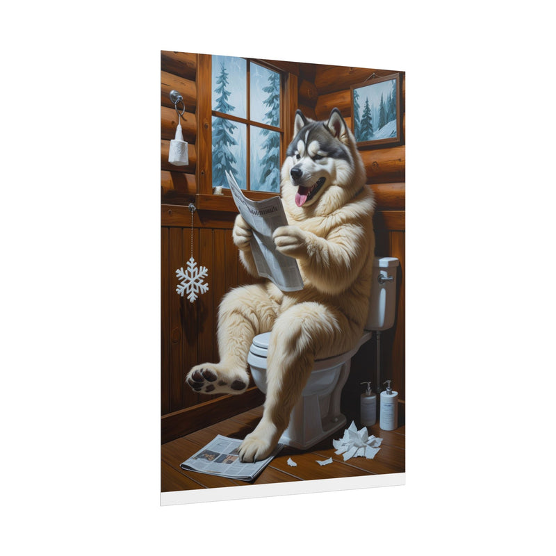 Funny Alaskan Malamute Bathroom Poster – Dog Sitting on Toilet Reading Newspaper | Humorous Dog Wall Art for Bathroom Decor