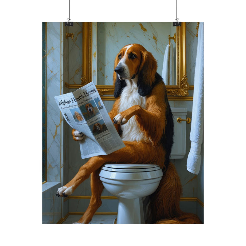 Funny Afghan Hound Bathroom Poster – Dog Sitting on Toilet Reading Newspaper | Humorous Dog Wall Art for Bathroom Decor