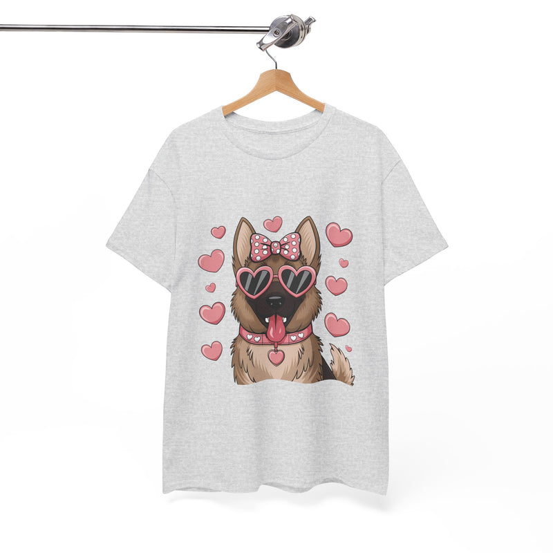 German Shepherd with Pink Hearts Valentine's Day Unisex Heavy Cotton Tee