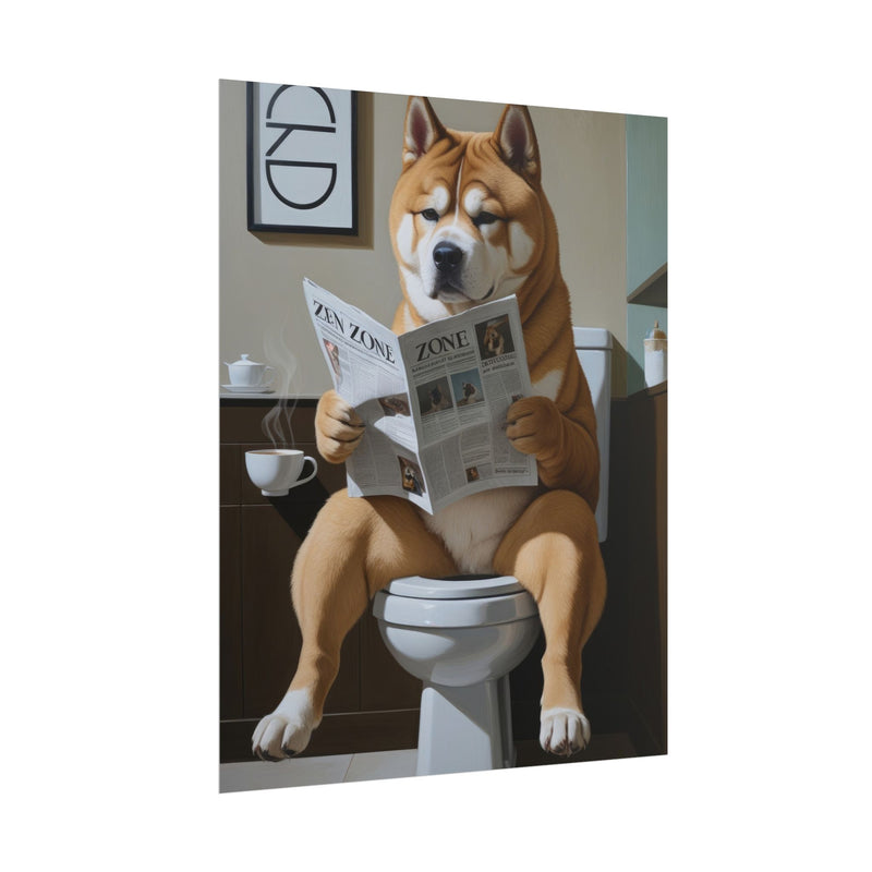 Funny Akita Bathroom Poster – Dog Sitting on Toilet Reading Newspaper | Humorous Dog Wall Art for Bathroom Decor