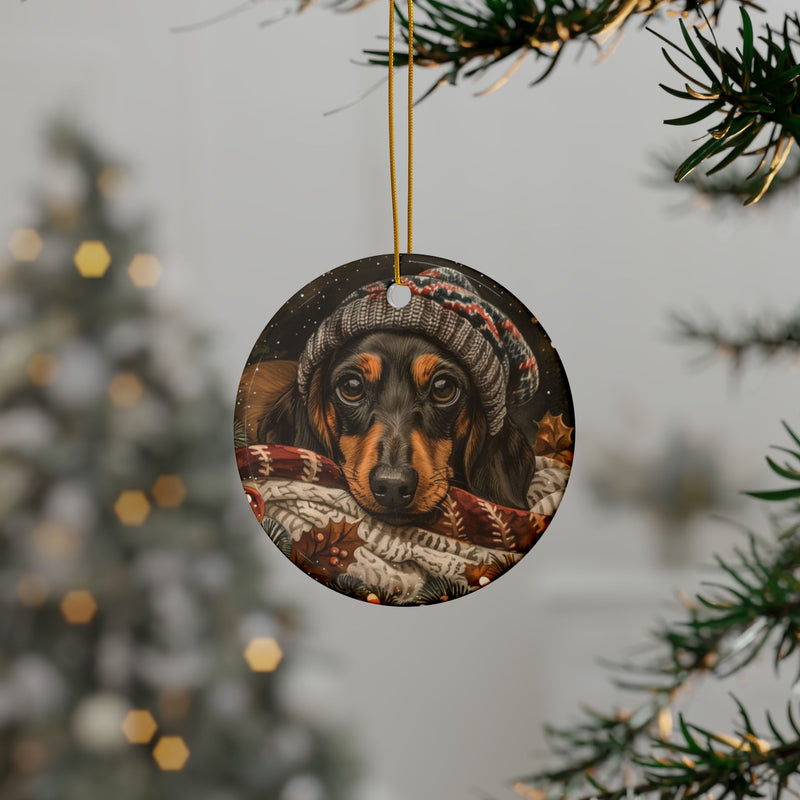 Dachshund Christmas Ornament – 3D Watercolor Holiday Design with Festive Hat, Cozy Scene, Warm Blankets, and Holly Leaves