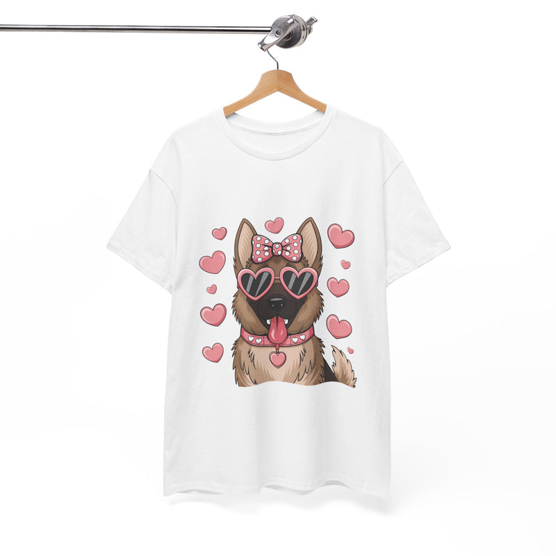 German Shepherd with Pink Hearts Valentine's Day Unisex Heavy Cotton Tee