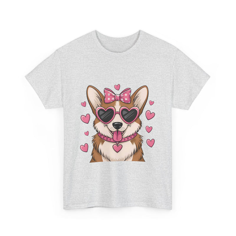 Corgi with Pink Hearts Valentine's Day Unisex Heavy Cotton Tee