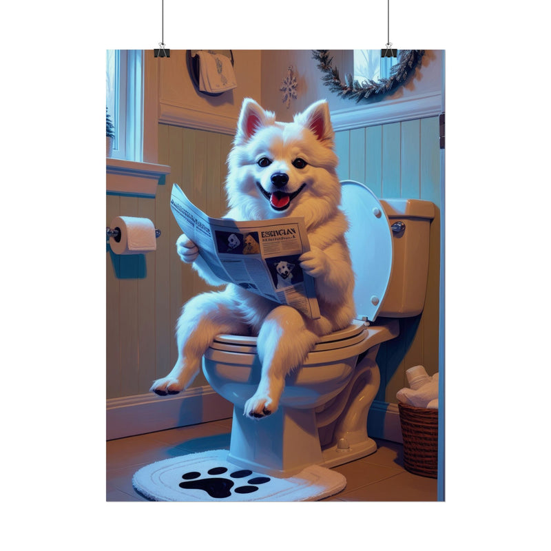 Funny American Eskimo Dog Bathroom Poster – Dog Sitting on Toilet Reading Newspaper | Humorous Dog Wall Art for Bathroom Decor