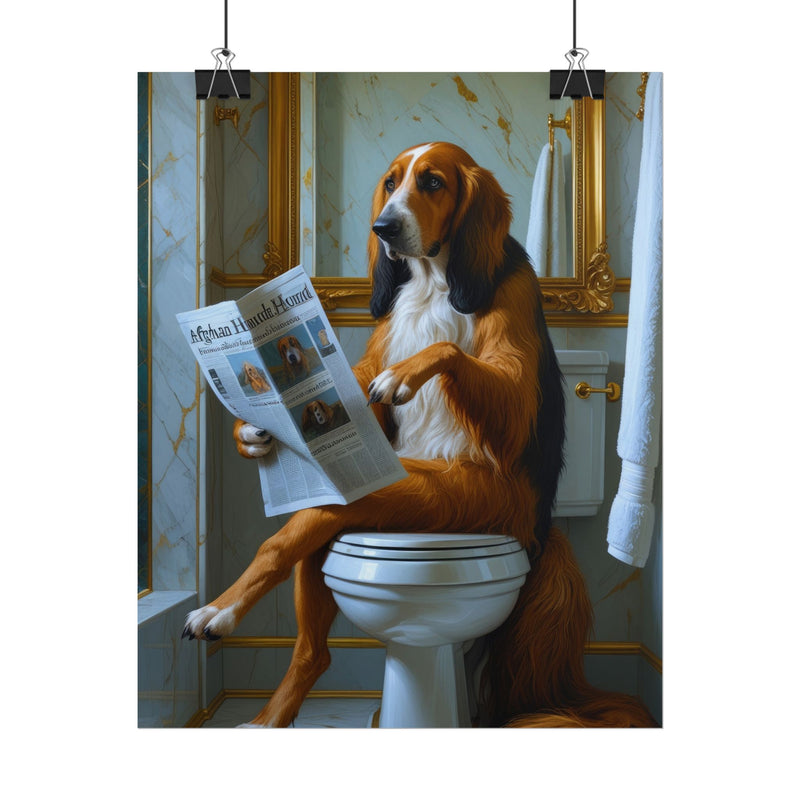 Funny Afghan Hound Bathroom Poster – Dog Sitting on Toilet Reading Newspaper | Humorous Dog Wall Art for Bathroom Decor