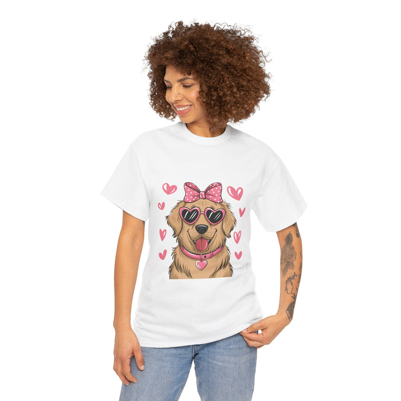 Golden Retriever with Pink Hearts Valentine's Day Unisex Heavy Cotton Tee