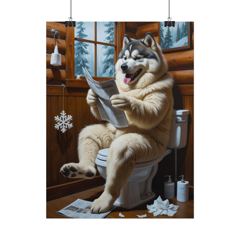 Funny Alaskan Malamute Bathroom Poster – Dog Sitting on Toilet Reading Newspaper | Humorous Dog Wall Art for Bathroom Decor