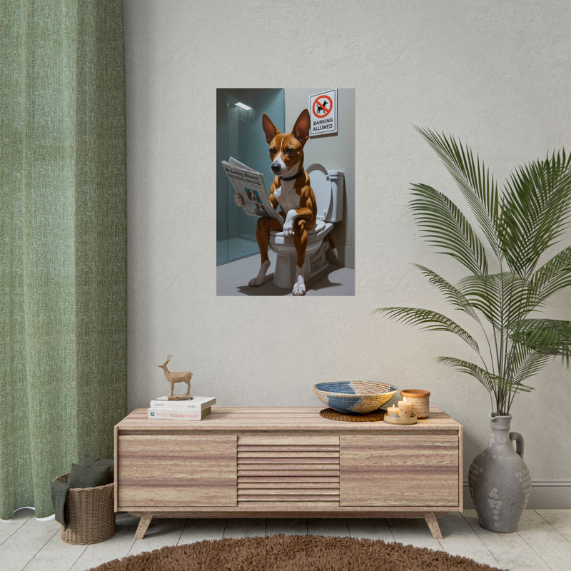Funny Basenji Bathroom Poster – Dog Sitting on Toilet Reading Newspaper | Humorous Dog Wall Art for Bathroom Decor