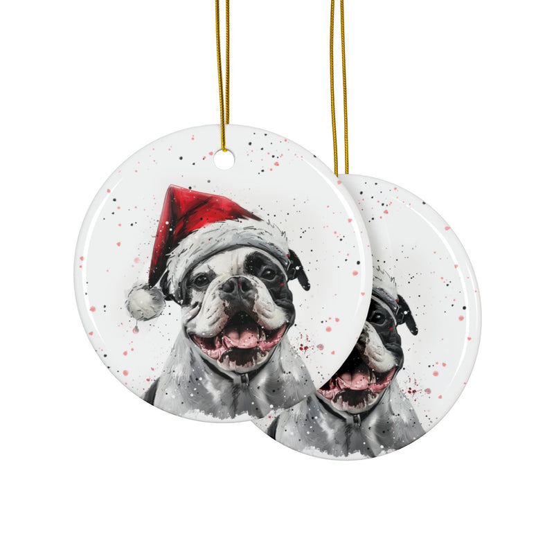 Christmas American Bulldog Round Ceramic Ornament