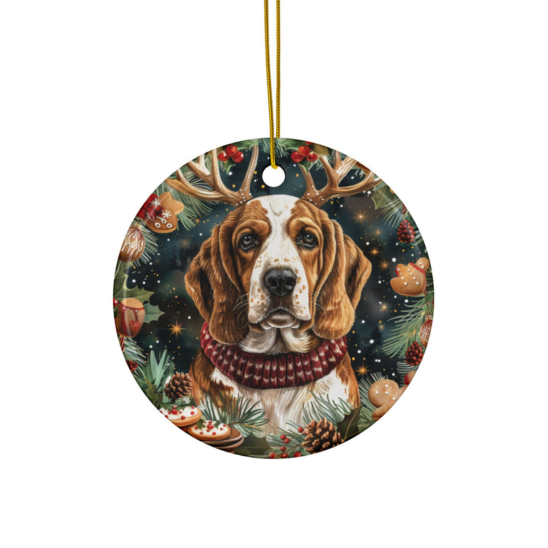 Basset Hound Christmas Ornament with Reindeer Antlers – 3D Watercolor Holiday Design Featuring Gingerbread, Holly Berries, and Pinecones