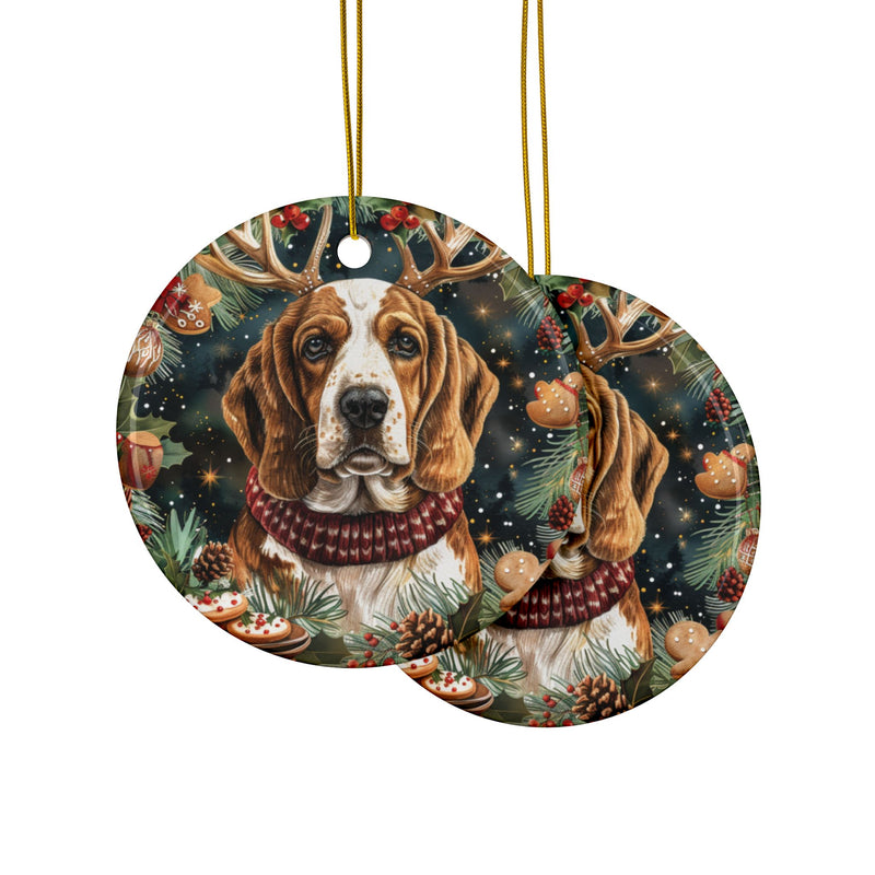 Basset Hound Christmas Ornament with Reindeer Antlers – 3D Watercolor Holiday Design Featuring Gingerbread, Holly Berries, and Pinecones