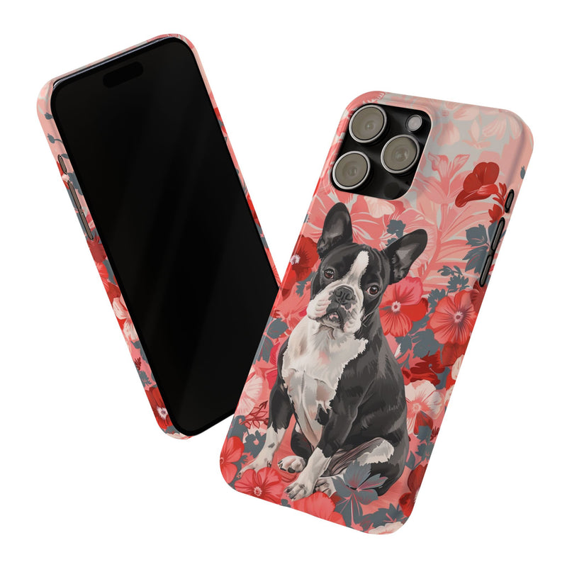 Boston Terrier with Flowers iPhone Slim Phone Cases