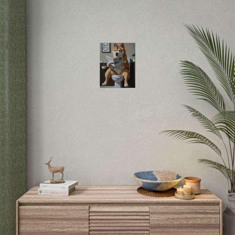 Funny Akita Bathroom Poster – Dog Sitting on Toilet Reading Newspaper | Humorous Dog Wall Art for Bathroom Decor