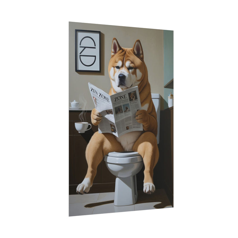 Funny Akita Bathroom Poster – Dog Sitting on Toilet Reading Newspaper | Humorous Dog Wall Art for Bathroom Decor