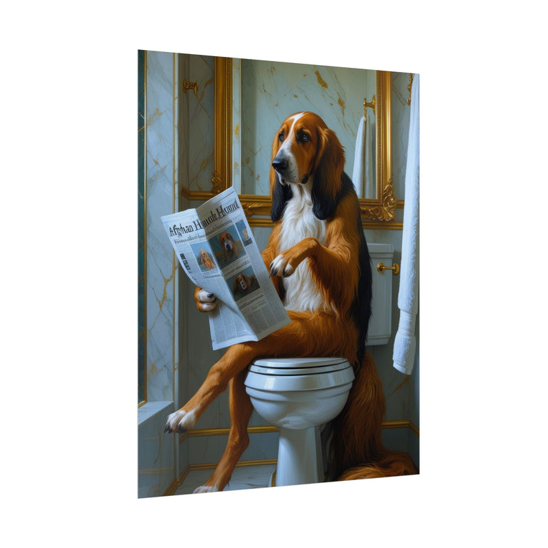 Funny Afghan Hound Bathroom Poster – Dog Sitting on Toilet Reading Newspaper | Humorous Dog Wall Art for Bathroom Decor