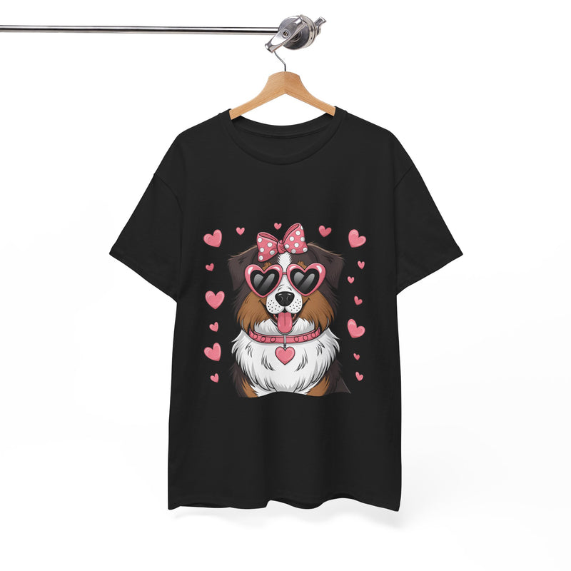 Australian Shepherd with Pink Hearts Valentine's Day Unisex Heavy Cotton Tee