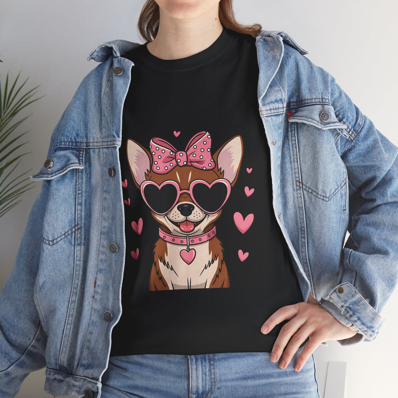 Chihuahua with Pink Hearts Valentine's Day Unisex Heavy Cotton Tee