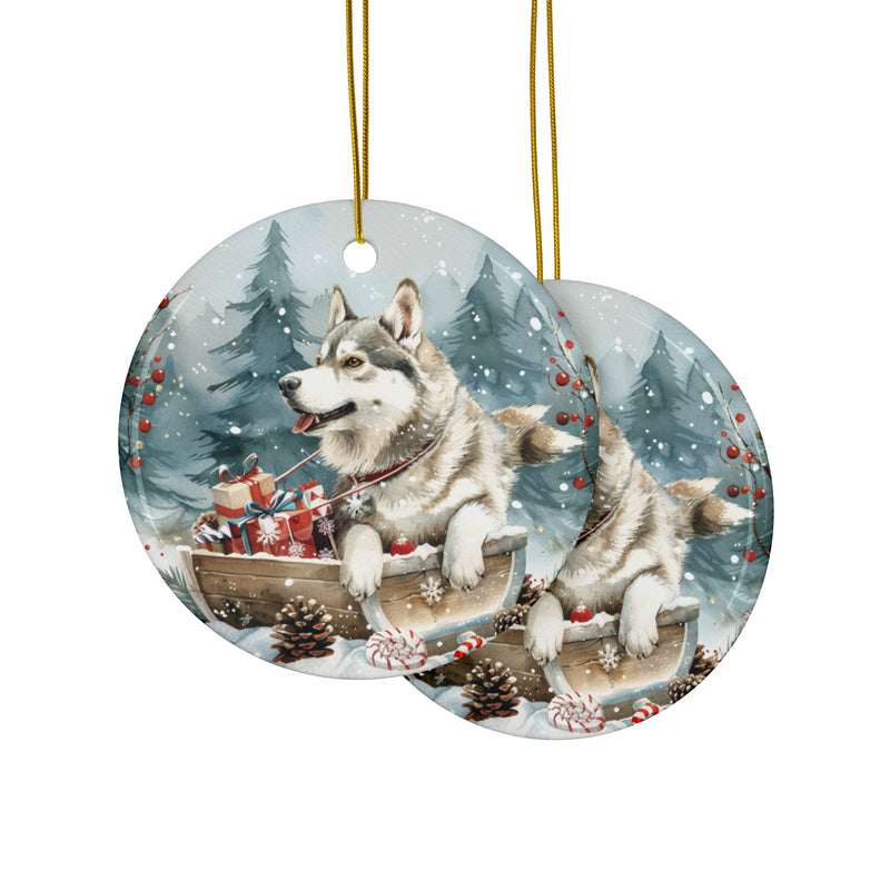 Siberian Husky Christmas Ornament – 3D Watercolor Holiday Design with Sleigh, Presents, and Candy Canes in Snowy Forest