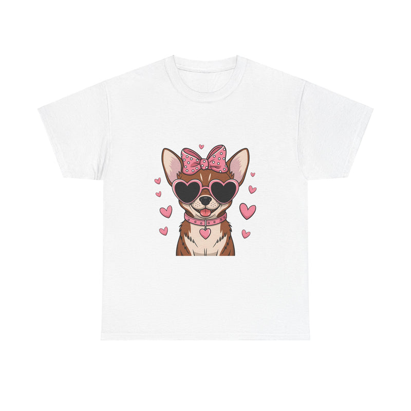 Chihuahua with Pink Hearts Valentine's Day Unisex Heavy Cotton Tee