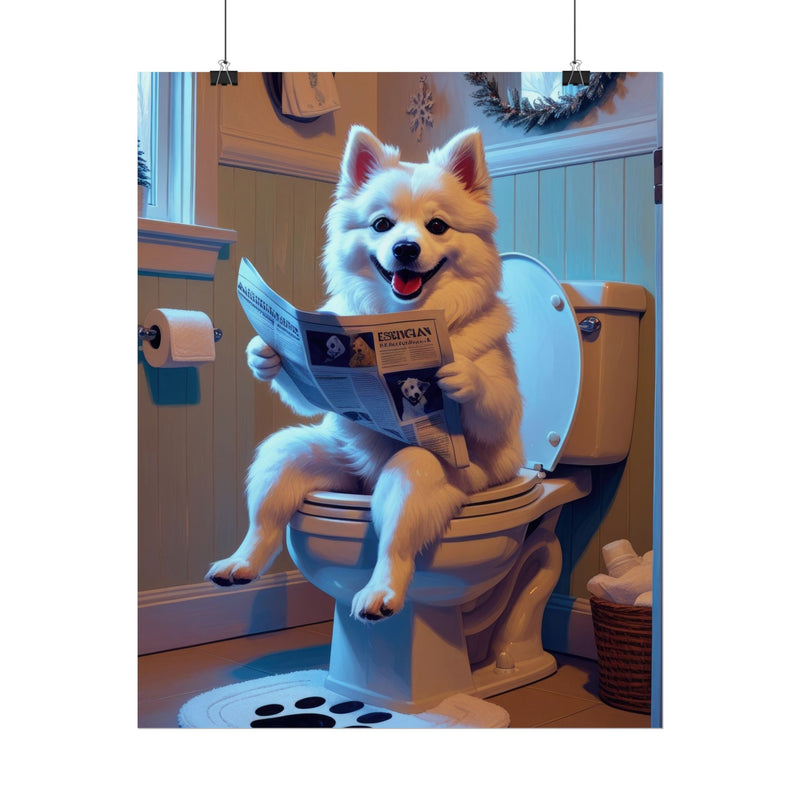 Funny American Eskimo Dog Bathroom Poster – Dog Sitting on Toilet Reading Newspaper | Humorous Dog Wall Art for Bathroom Decor