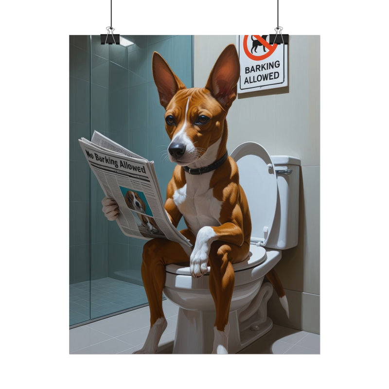 Funny Basenji Bathroom Poster – Dog Sitting on Toilet Reading Newspaper | Humorous Dog Wall Art for Bathroom Decor