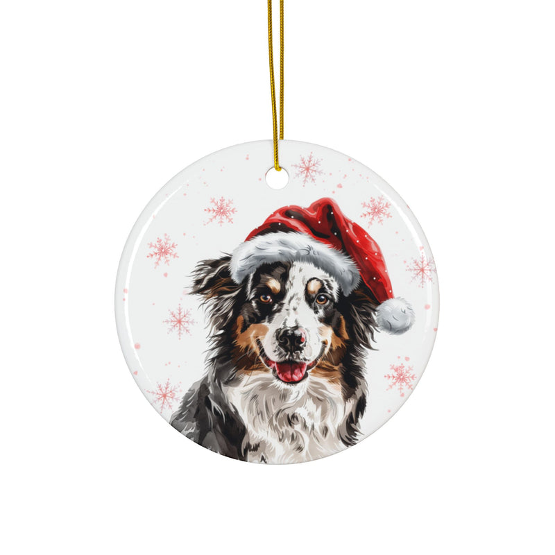 Australian Shepherd with Santa Hat Round Ceramic Christmas Ornament