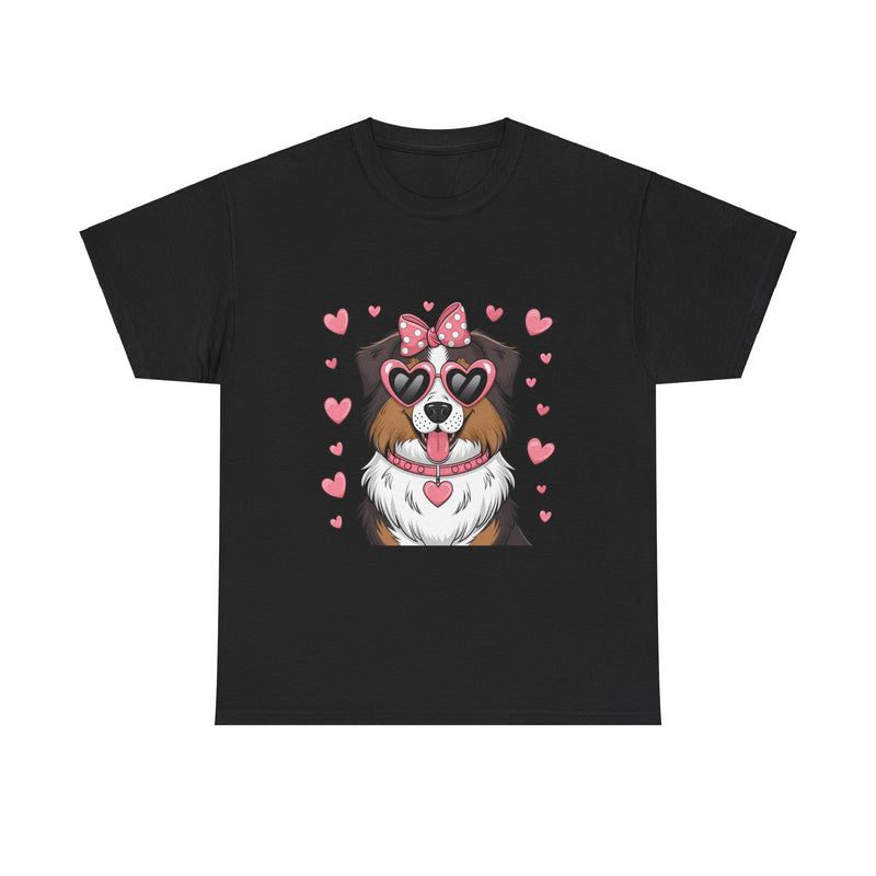 Australian Shepherd with Pink Hearts Valentine's Day Unisex Heavy Cotton Tee