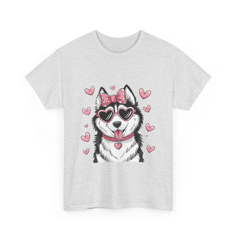 Siberian Husky with Pink Hearts Valentine's Day Unisex Heavy Cotton Tee