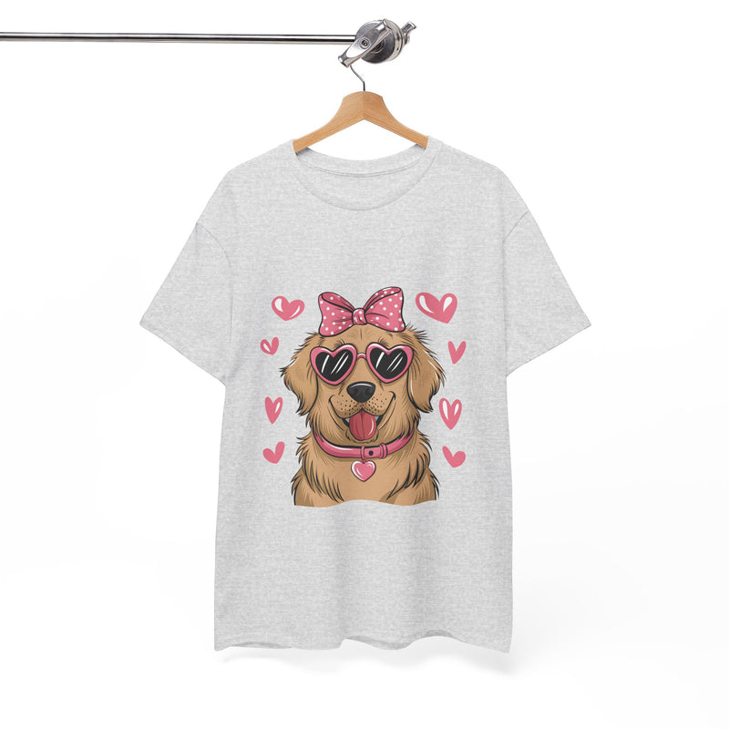 Golden Retriever with Pink Hearts Valentine's Day Unisex Heavy Cotton Tee