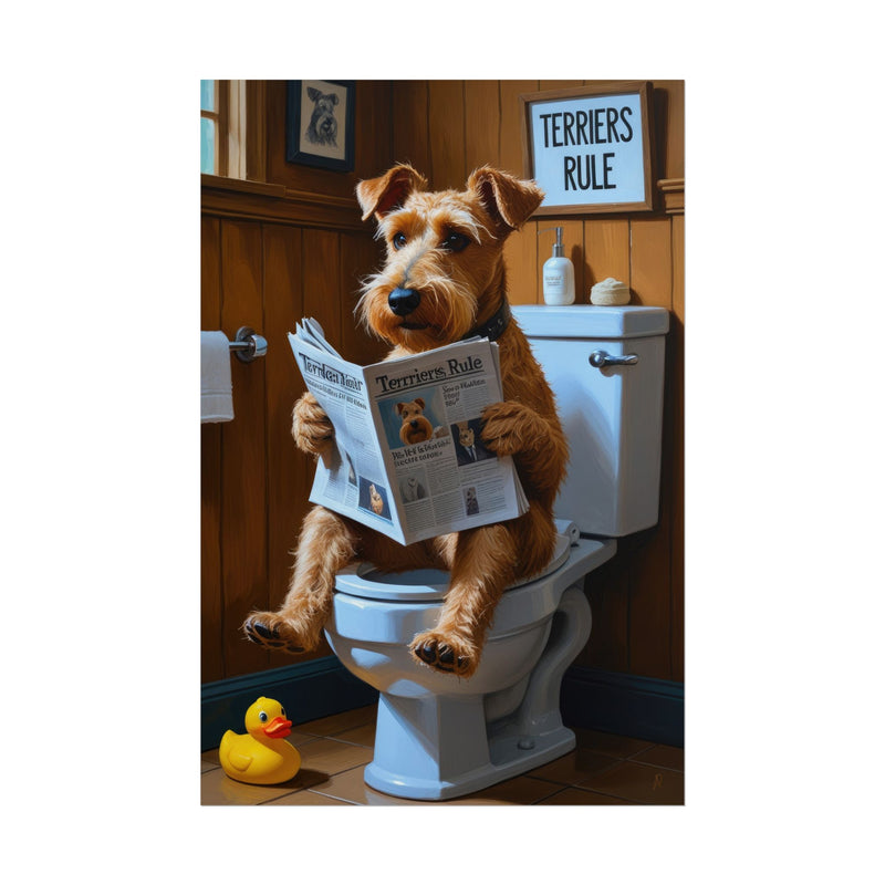 Funny Airedale Terrier Bathroom Poster – Dog Sitting on Toilet Reading Newspaper | Humorous Dog Wall Art for Bathroom Decor