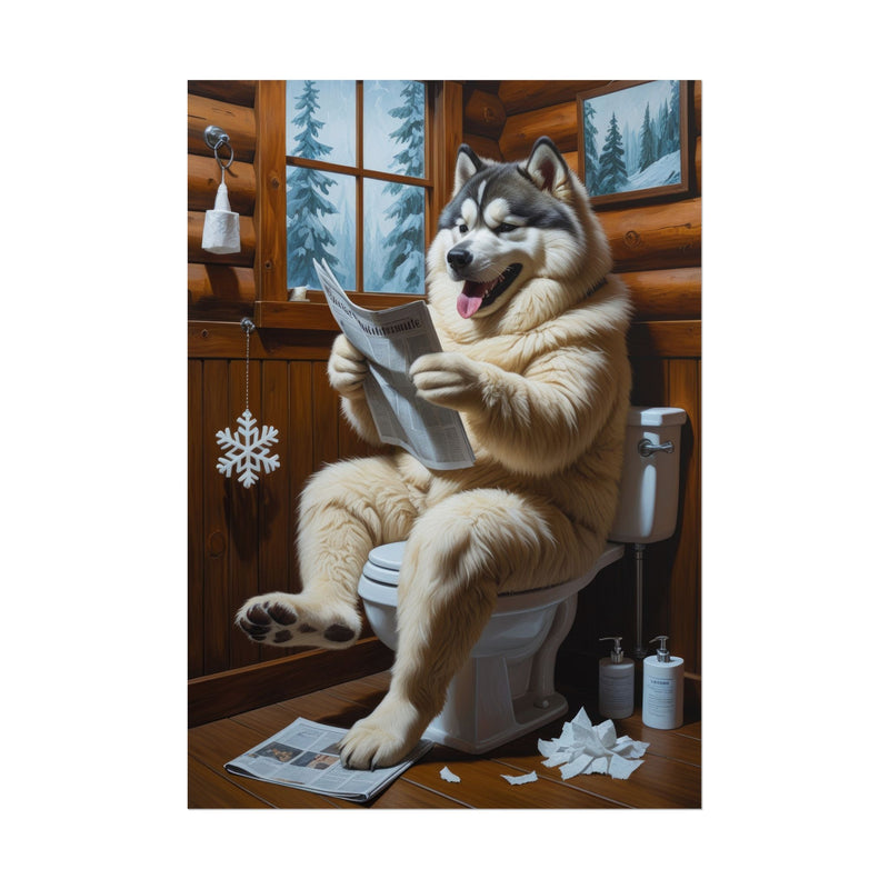 Funny Alaskan Malamute Bathroom Poster – Dog Sitting on Toilet Reading Newspaper | Humorous Dog Wall Art for Bathroom Decor