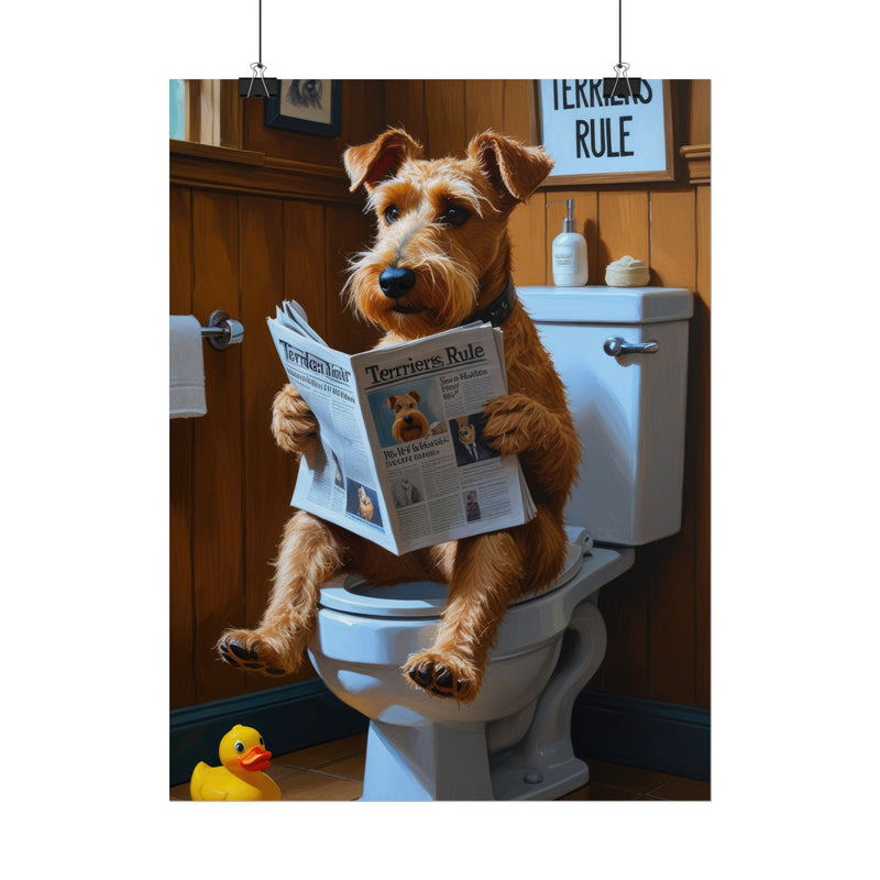 Funny Airedale Terrier Bathroom Poster – Dog Sitting on Toilet Reading Newspaper | Humorous Dog Wall Art for Bathroom Decor