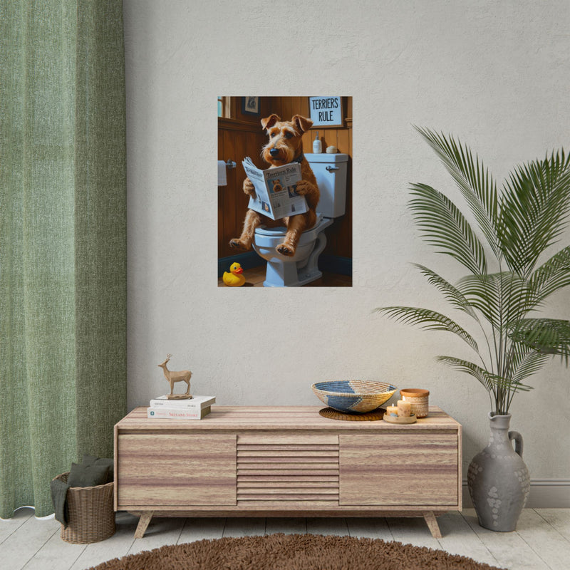 Funny Airedale Terrier Bathroom Poster – Dog Sitting on Toilet Reading Newspaper | Humorous Dog Wall Art for Bathroom Decor