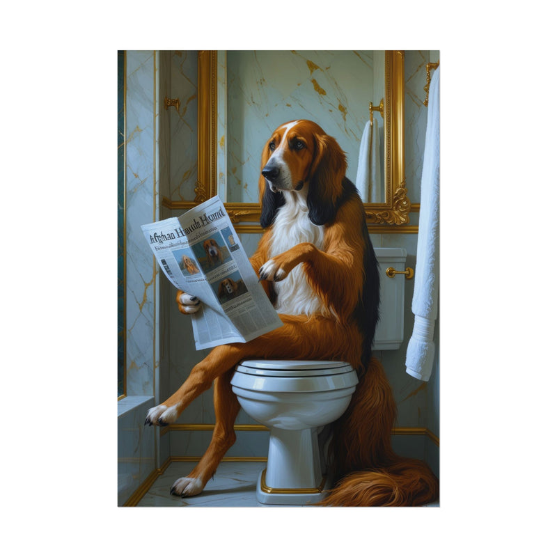 Funny Afghan Hound Bathroom Poster – Dog Sitting on Toilet Reading Newspaper | Humorous Dog Wall Art for Bathroom Decor