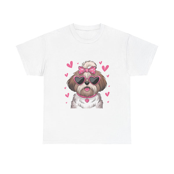 Shih Tzu with Pink Hearts Valentine's Day Unisex Heavy Cotton Tee