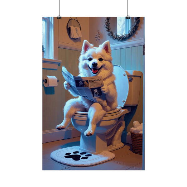 Funny American Eskimo Dog Bathroom Poster – Dog Sitting on Toilet Reading Newspaper | Humorous Dog Wall Art for Bathroom Decor