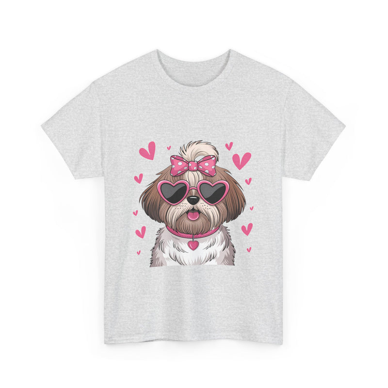 Shih Tzu with Pink Hearts Valentine's Day Unisex Heavy Cotton Tee