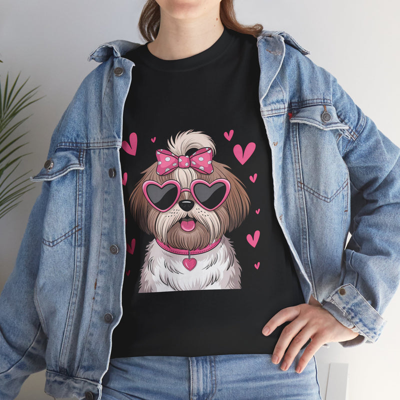 Shih Tzu with Pink Hearts Valentine's Day Unisex Heavy Cotton Tee