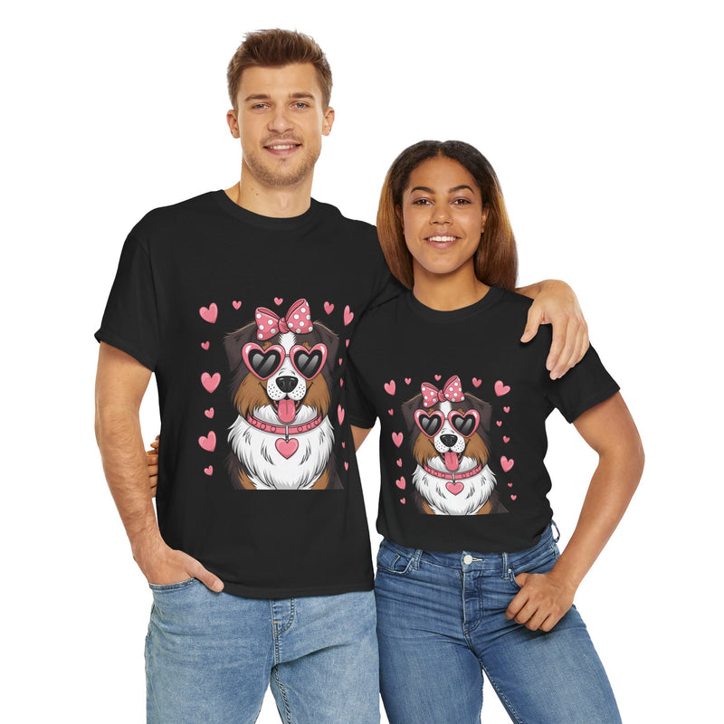 Australian Shepherd with Pink Hearts Valentine's Day Unisex Heavy Cotton Tee